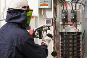 A man in a hard hat and safety glasses scans an electrical panel during maintenance services.