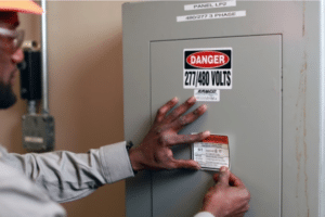 A man in an orange safety vest conducts an arc flash hazard analysis while labeling a box.
