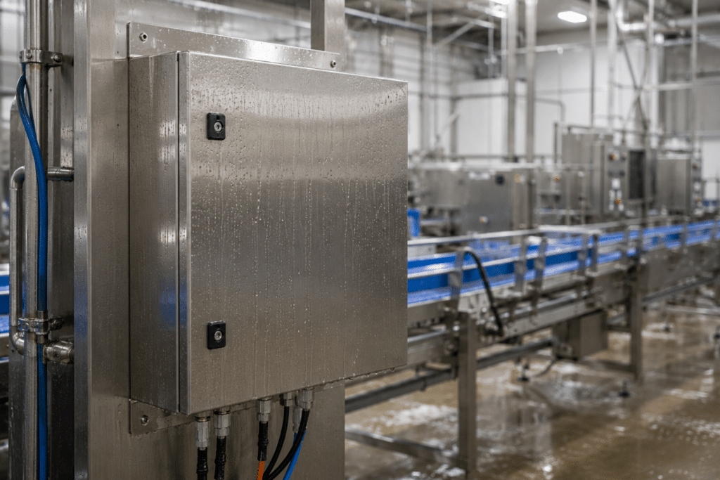 Stainless steel electrical enclosure on a washdown food processing line