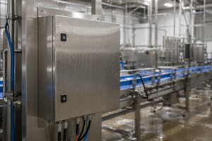 Stainless steel electrical enclosure on a washdown food processing line