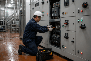 Maintenance technician servicing a motor control center in a food plant