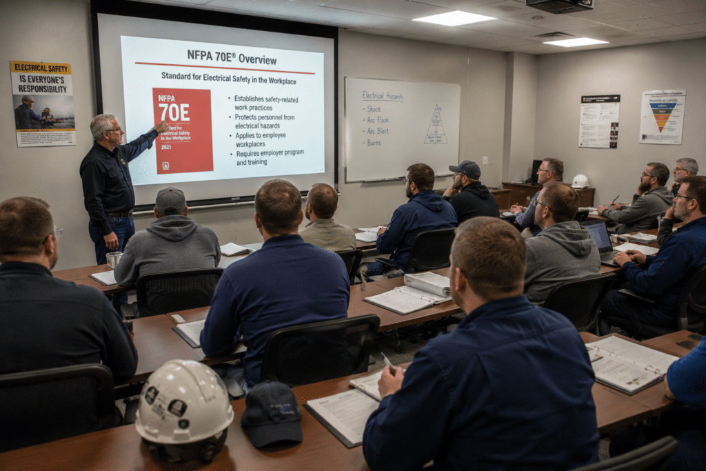 Plant maintenance team in an NFPA 70E electrical safety training session