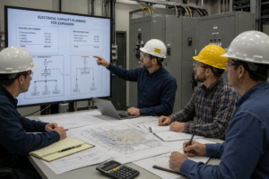 Engineer reviewing a load study and one-line diagram for a plant expansion