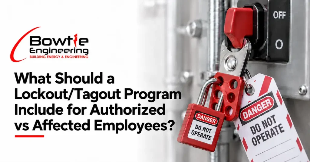 Bowtie Engineering: What should a lockout/tagout program include for authorized vs affected employees? A red safety padlock and Do Not Operate tag secure an electrical disconnect.